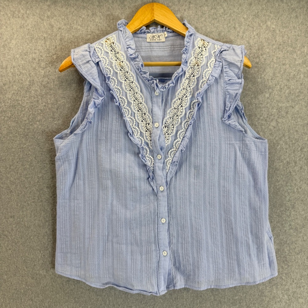 Anna Kay Ruffle Blouse Sleeveless Button Down Top Lace Trim‎ Prep Sky Blue Large